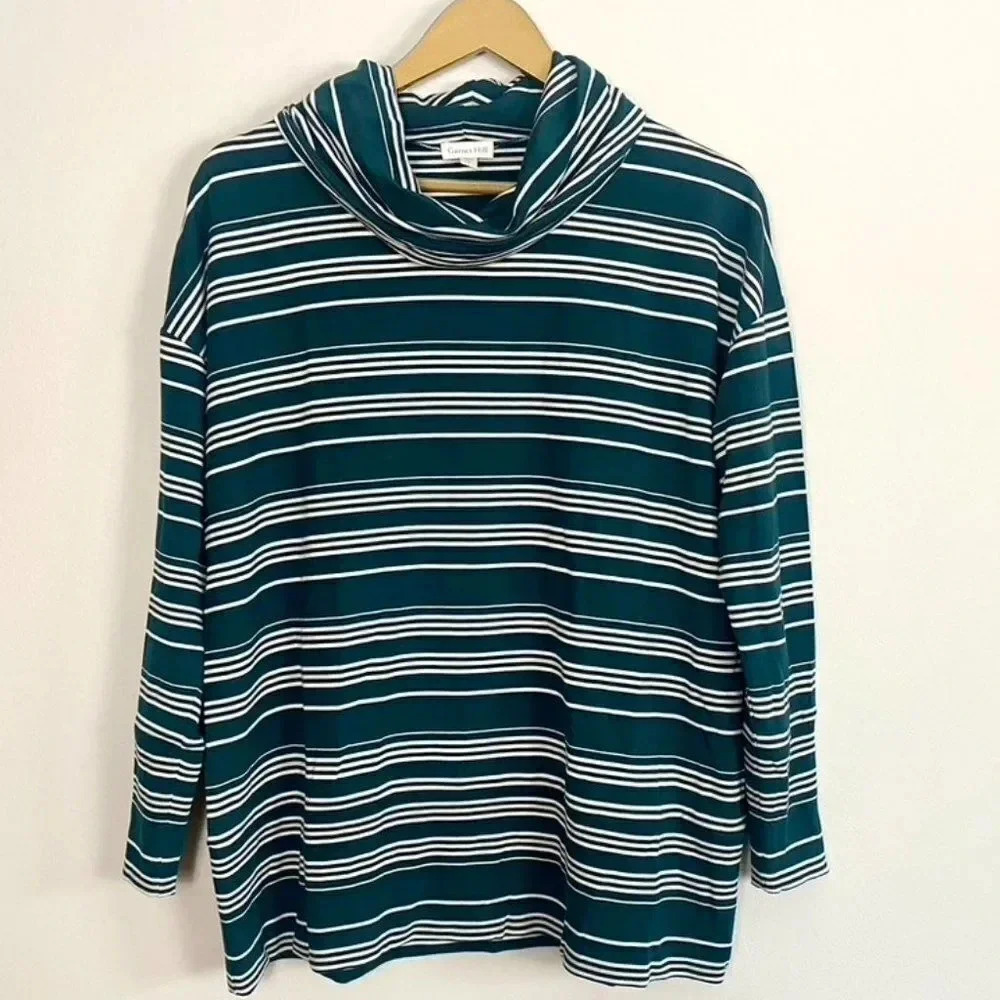 Garnet Hill Green Striped Cowl Neck Tunic